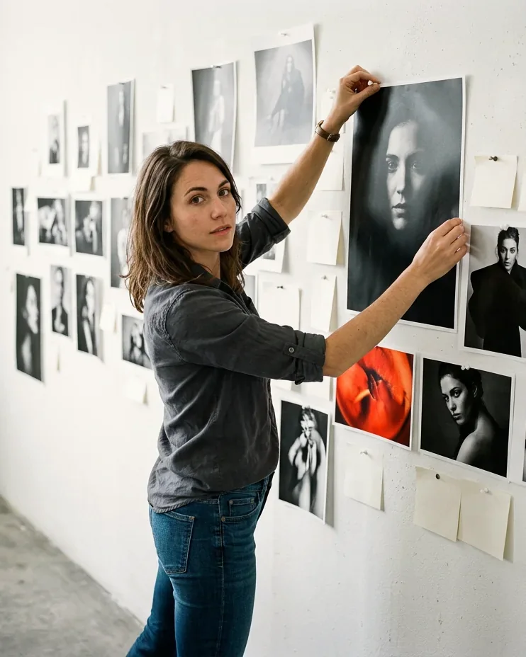 Strategist pinning black-and-white prints to a studio wall