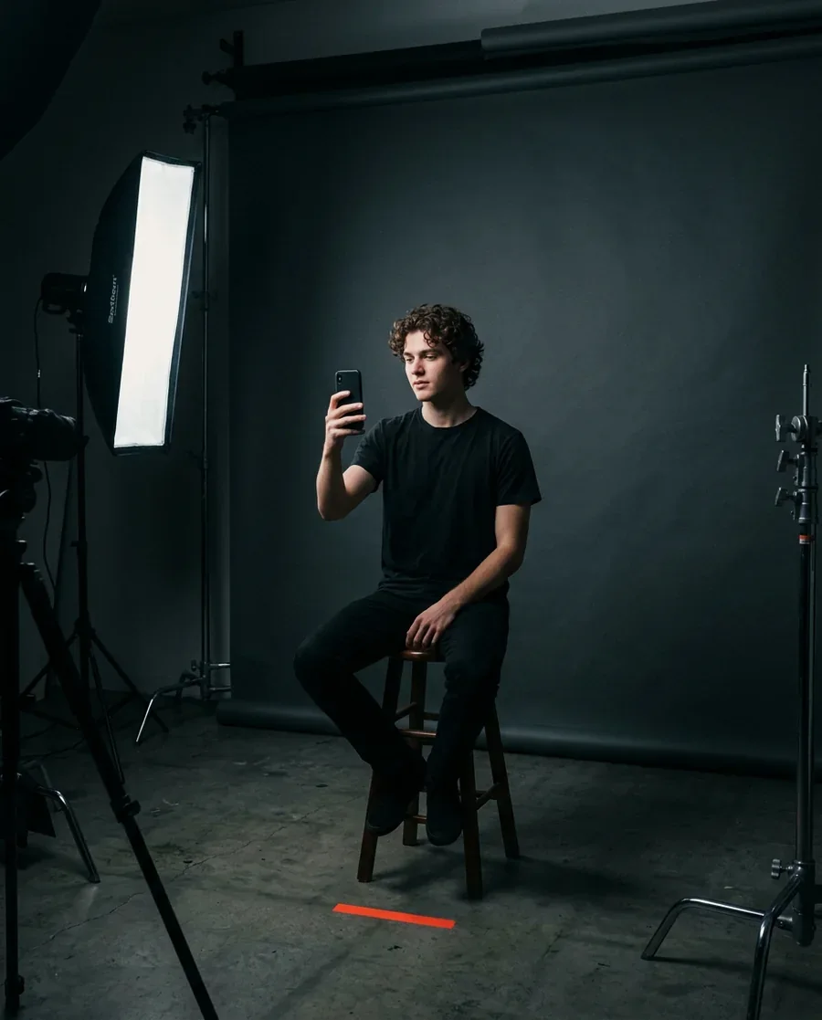 Casting session: a young man filming himself on a phone in a dark studio