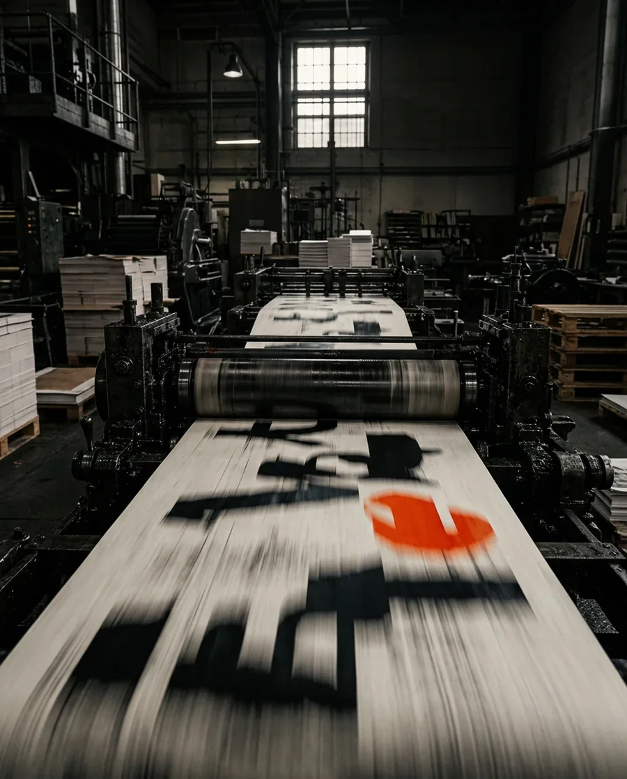 Press roller pushing out a printed sheet in a dim print works