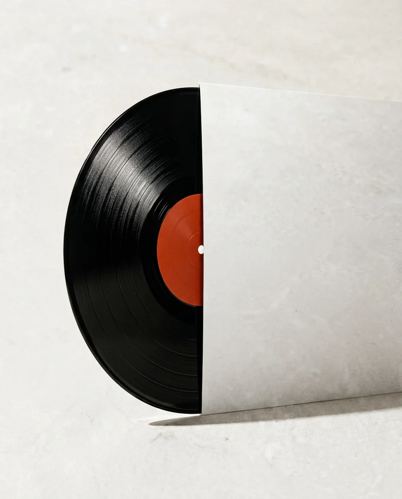 Vinyl record with a red label half out of its sleeve