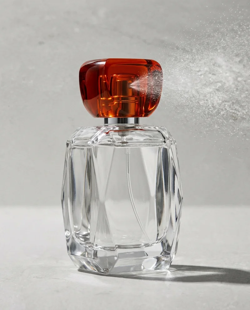 Perfume bottle with a red cap spraying mist