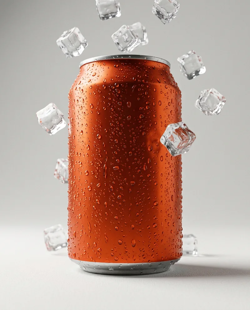 Cold red soda can with falling ice