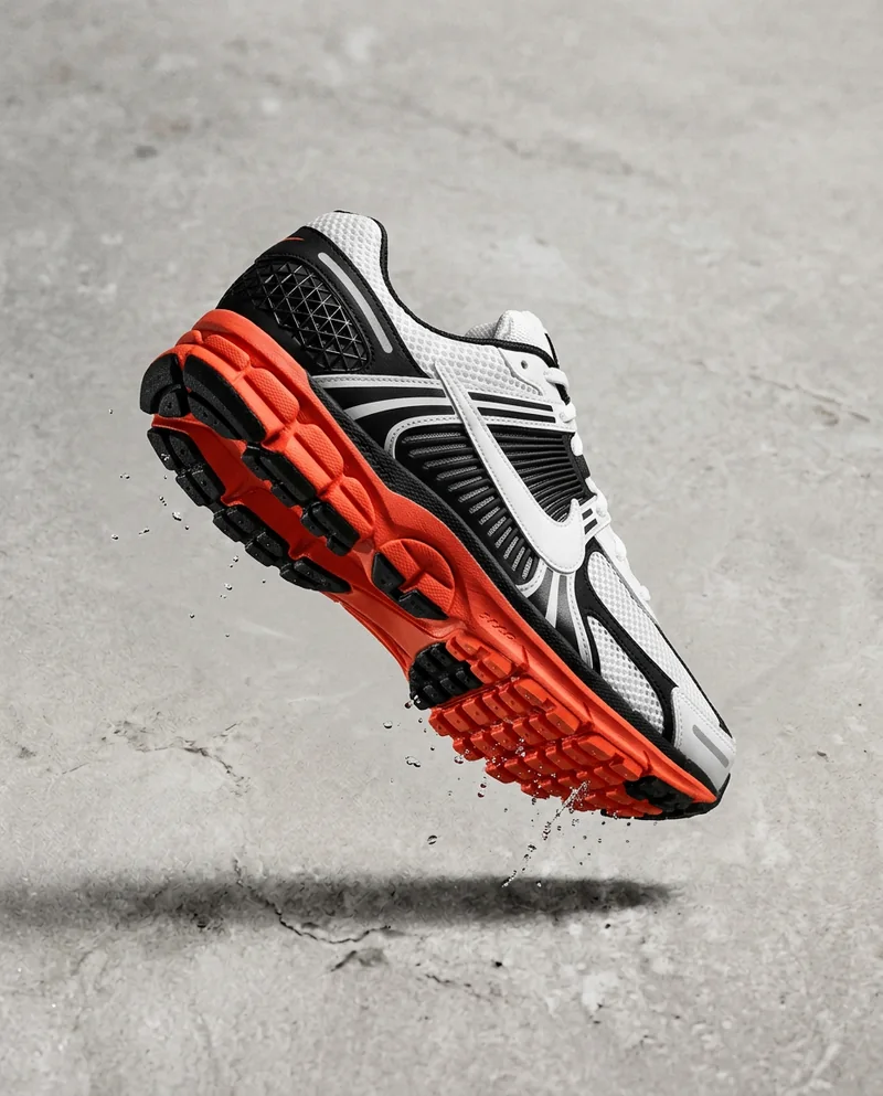 Running shoe with a red sole mid-stride