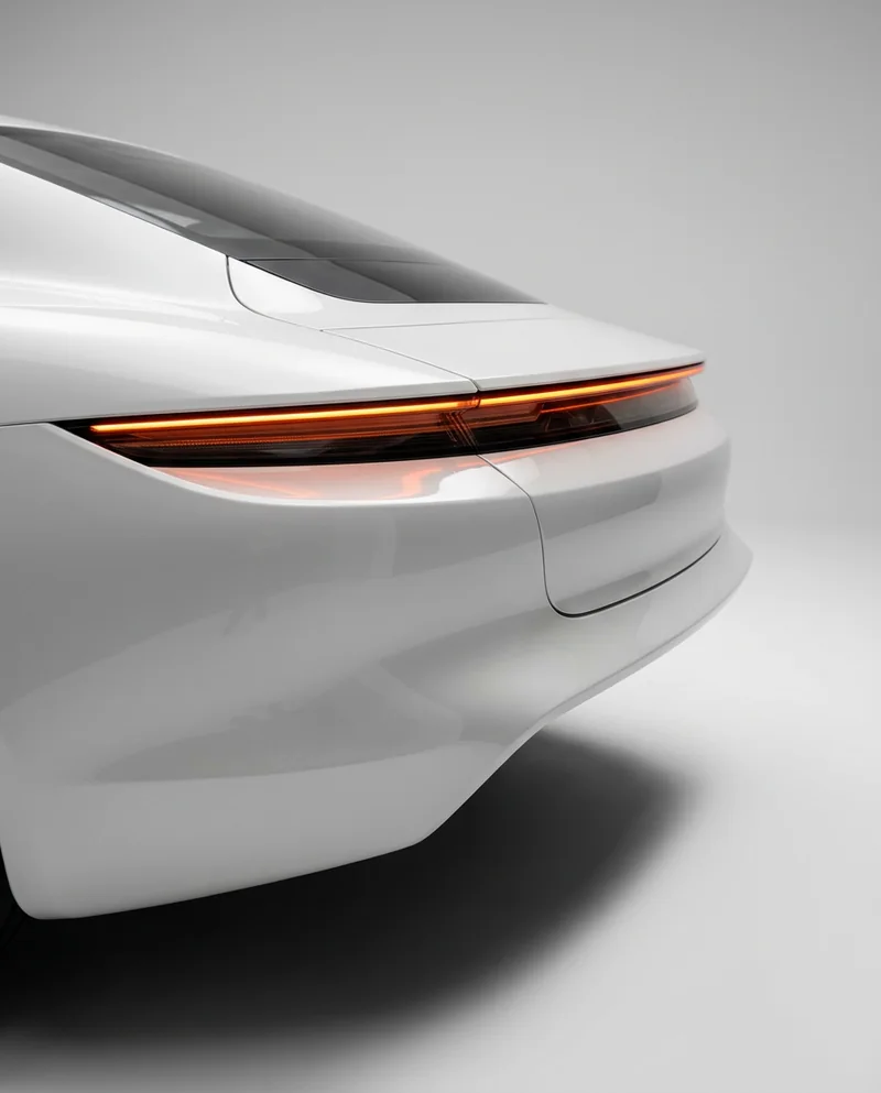 Electric car light bar glowing red across white bodywork