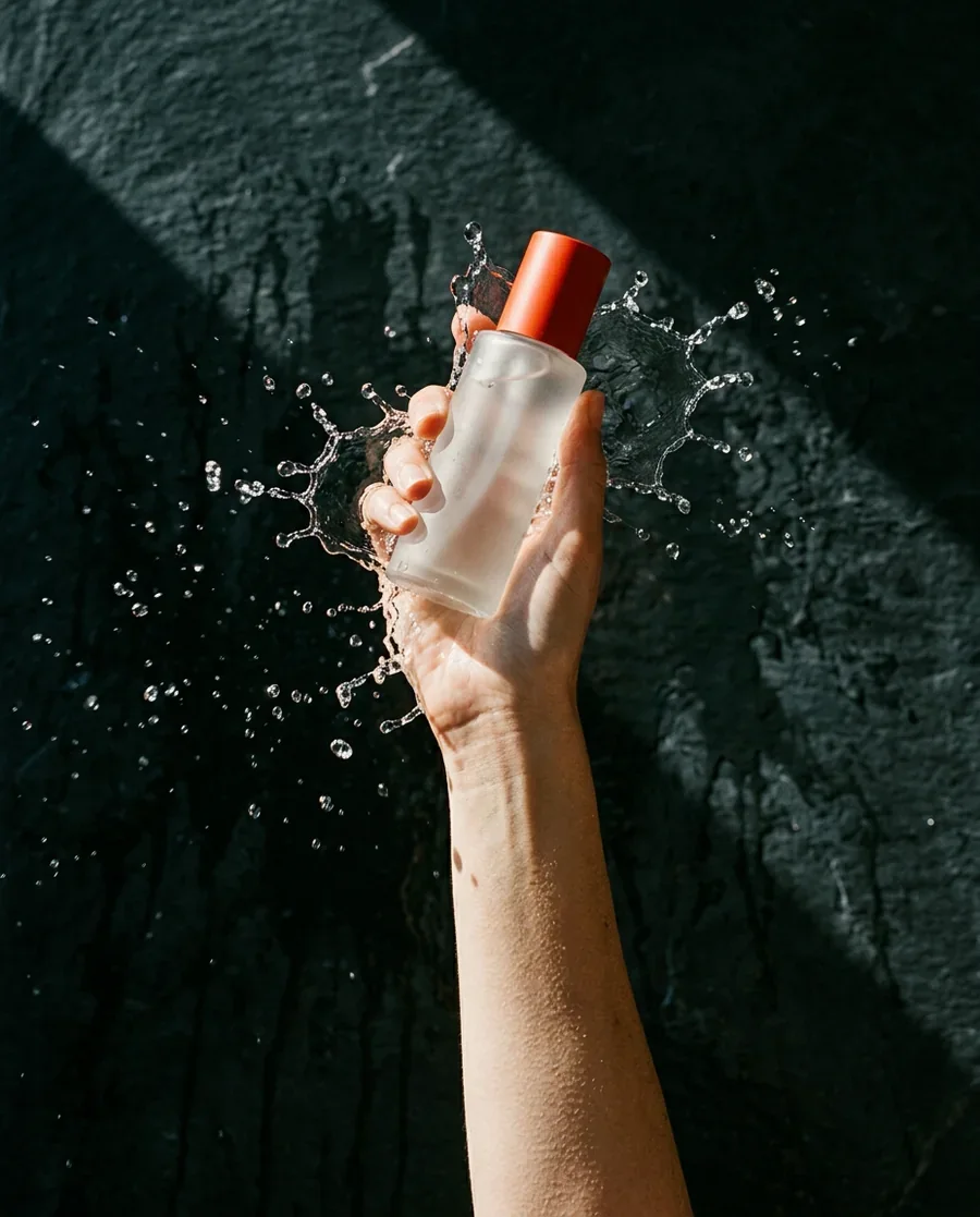 Hand holding a frosted skincare bottle into a splash of water against dark slate