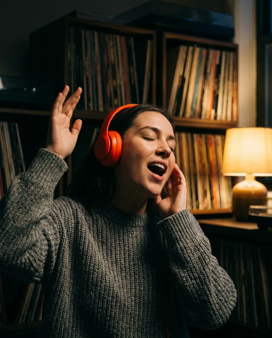 Woman singing with her eyes closed in red headphones in a lamp-lit room of records