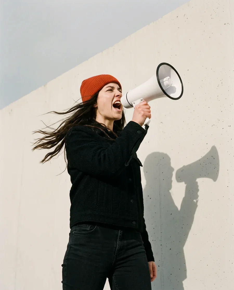 Woman in a red beanie shouting into a white megaphone by a concrete wall