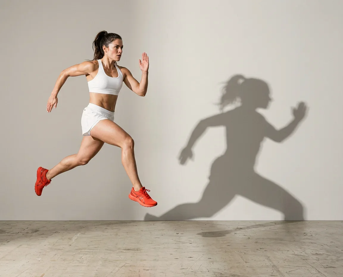 Athlete in red shoes leaping across a grey studio, her shadow on the wall