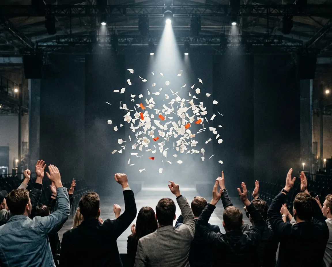 Confetti falling through a spotlight over a cheering launch crowd