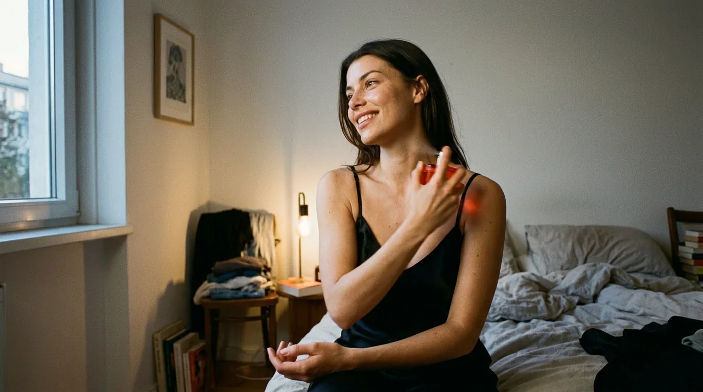 Woman in a black slip smiling on the edge of an unmade bed, spraying a red perfume bottle at her neck