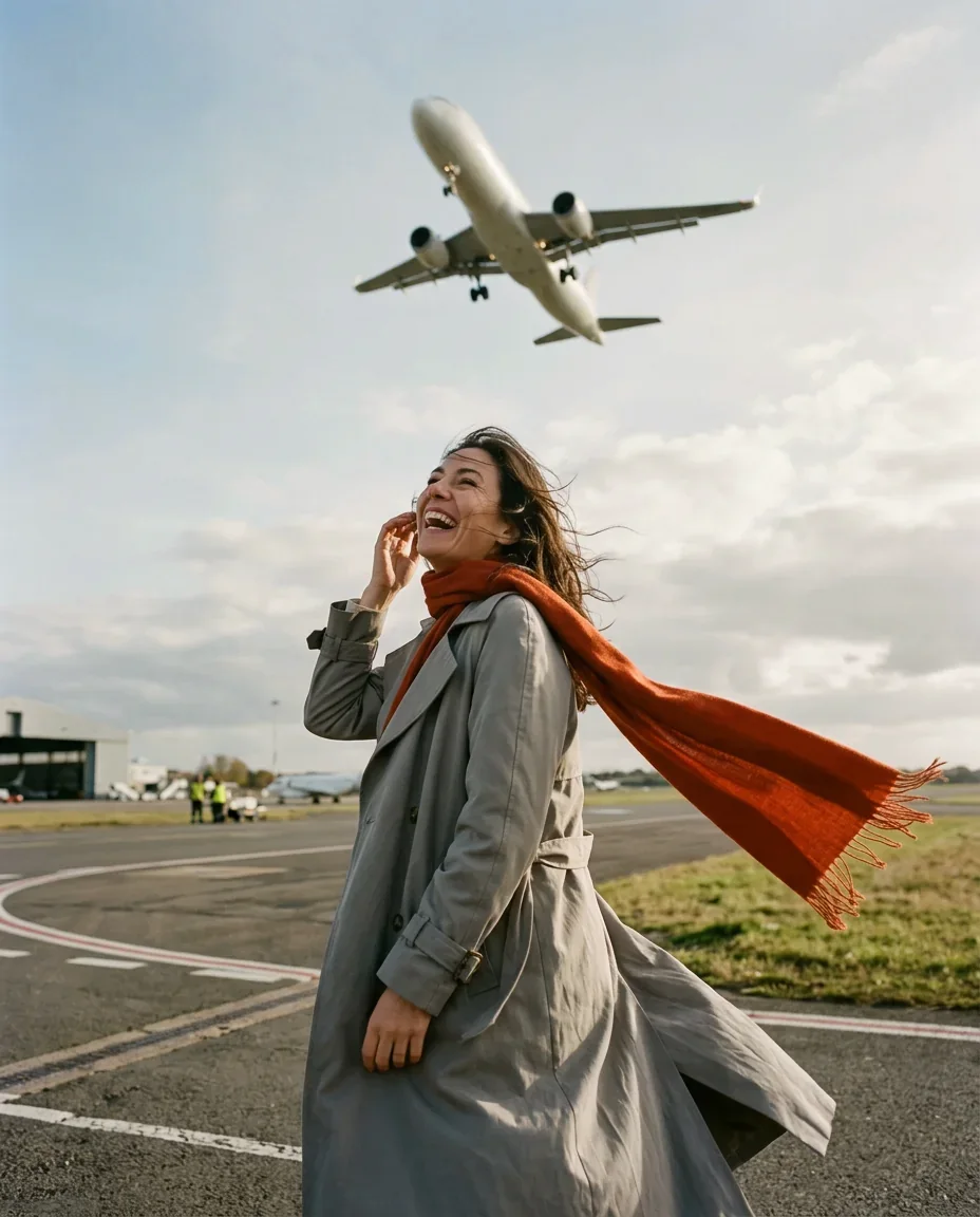 Woman in a grey trench coat and red scarf laughing on an airfield as a jet climbs overhead