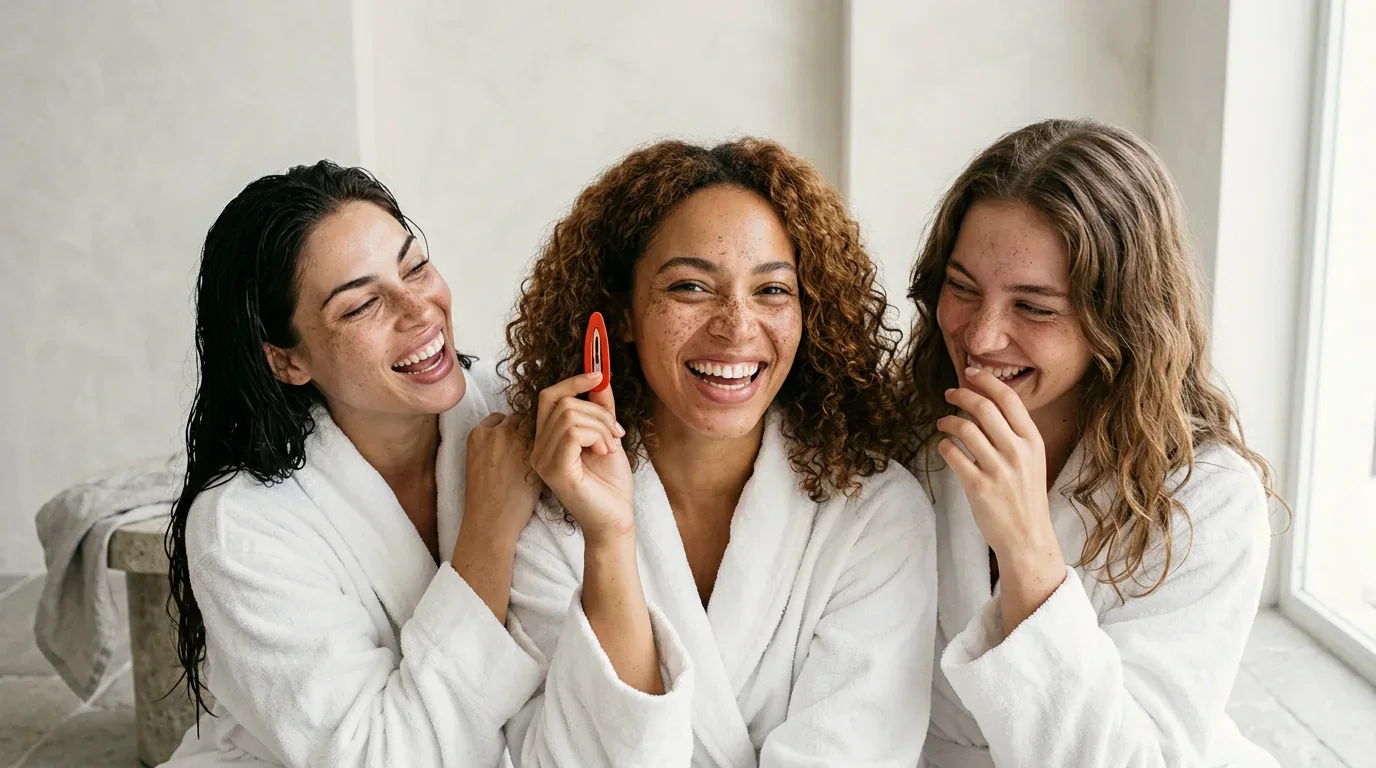 Three bare-faced women in white robes laughing together