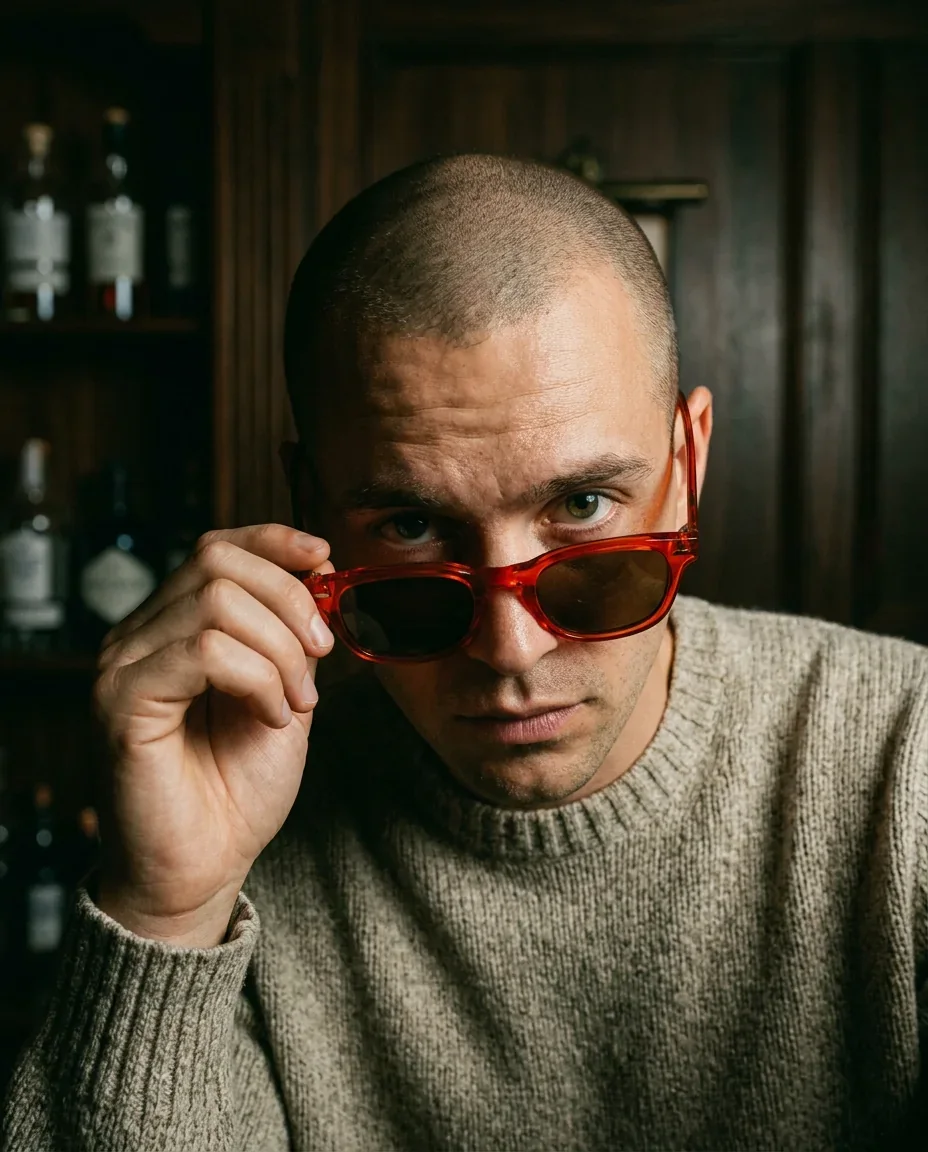 Man in red-framed sunglasses looking over the frames in a dark wood bar