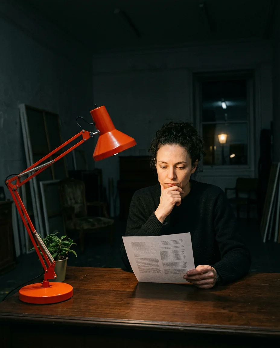 A woman reading a printed page under a desk lamp in an empty studio at night