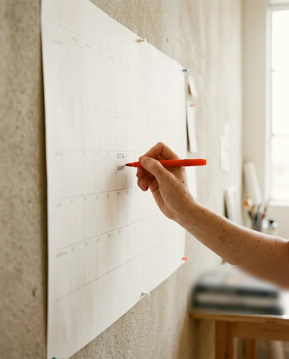 A hand writing a launch date on a paper wall planner in a studio