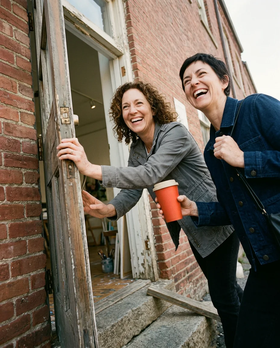 Two colleagues laughing as they open the studio door on a bright morning