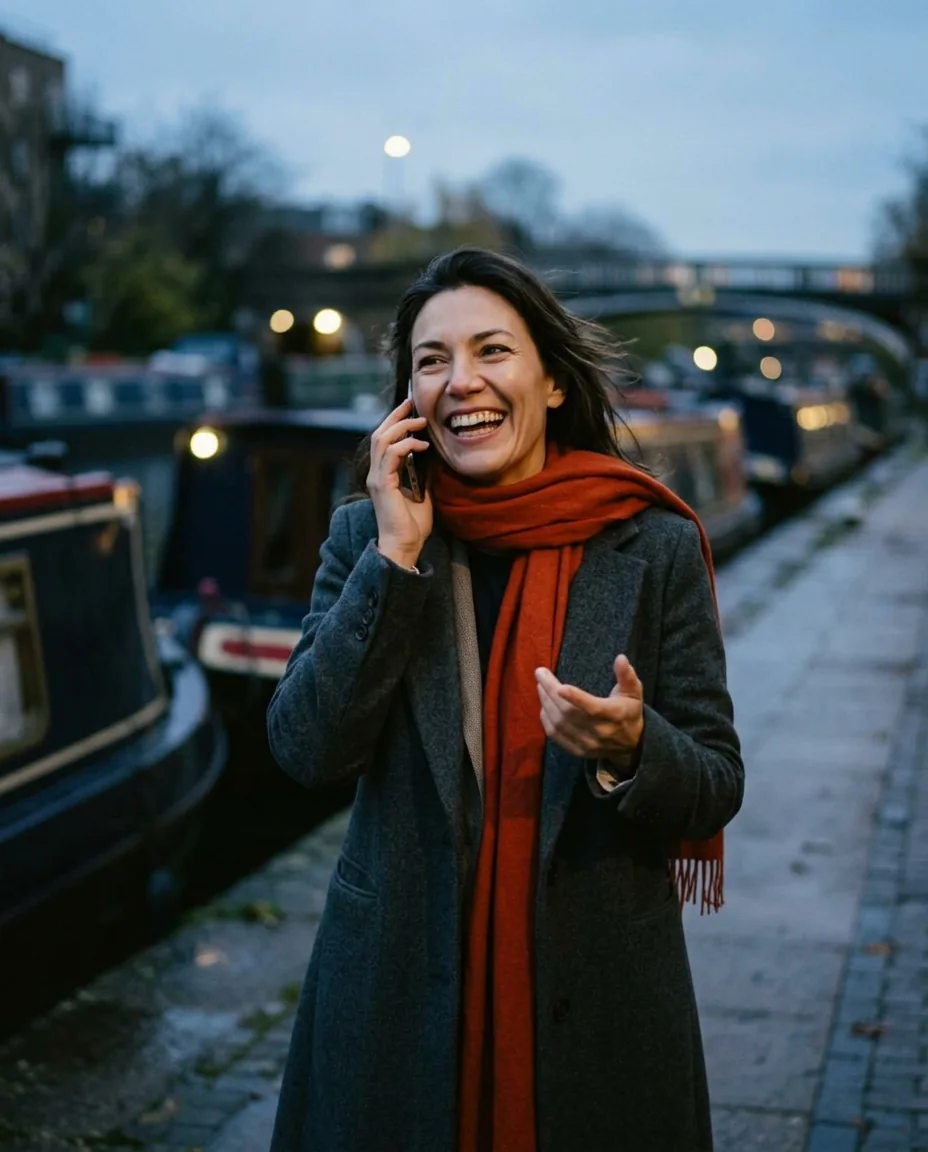 A strategist laughing on a phone call as she walks along a canal towpath at dusk