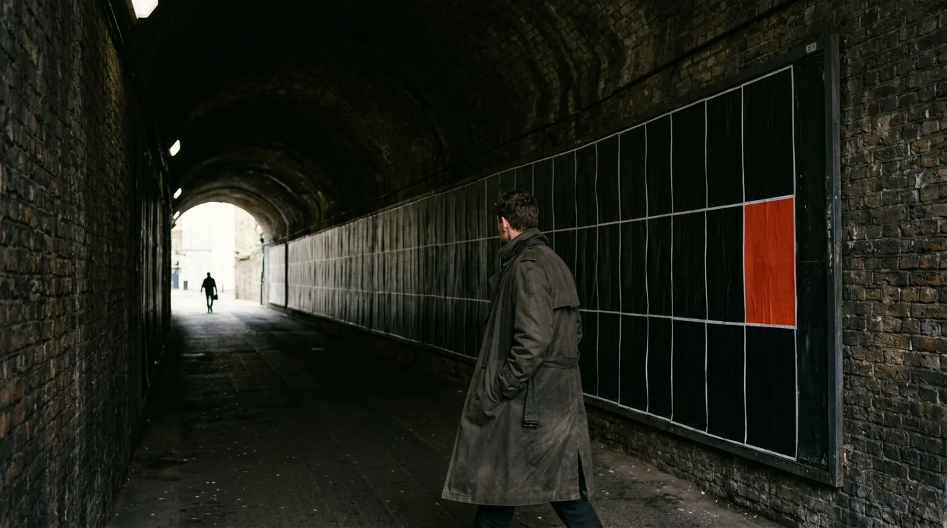 A man walking past a railway arch wall pasted with rows of plain black posters