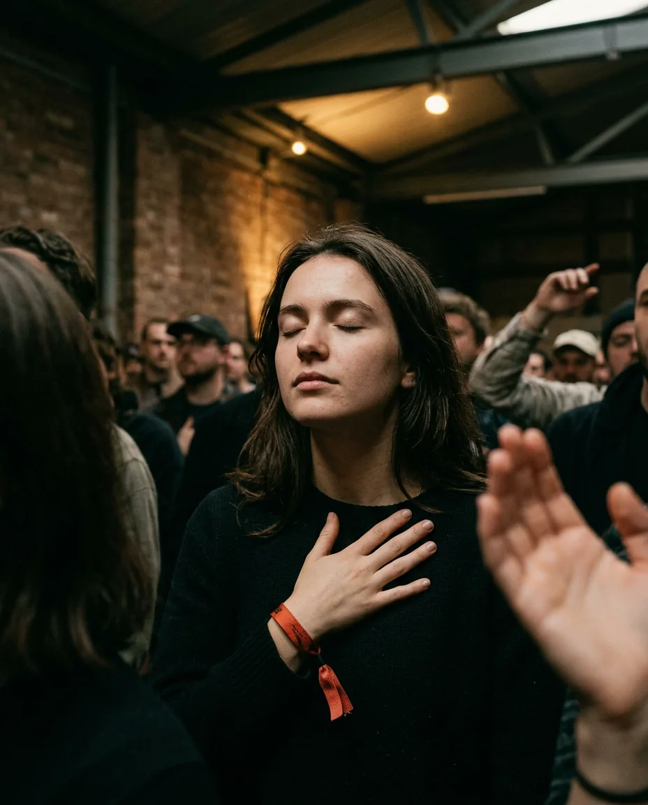 A young woman with her eyes closed at a crowded listening party