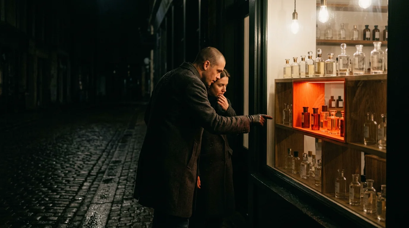 A couple stopping at a perfume boutique window lit late at night on a wet cobbled street