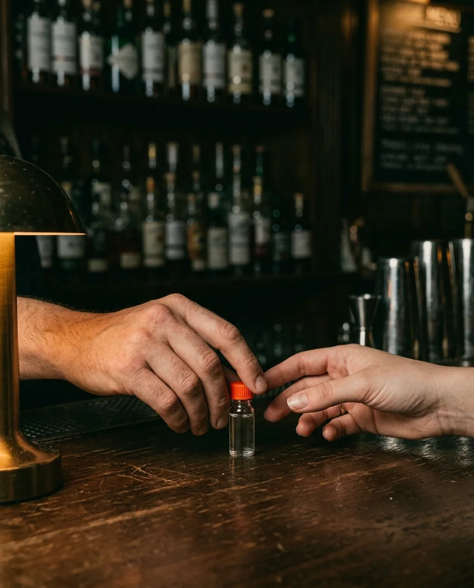 A bartender passing a small sample vial across a dark bar counter