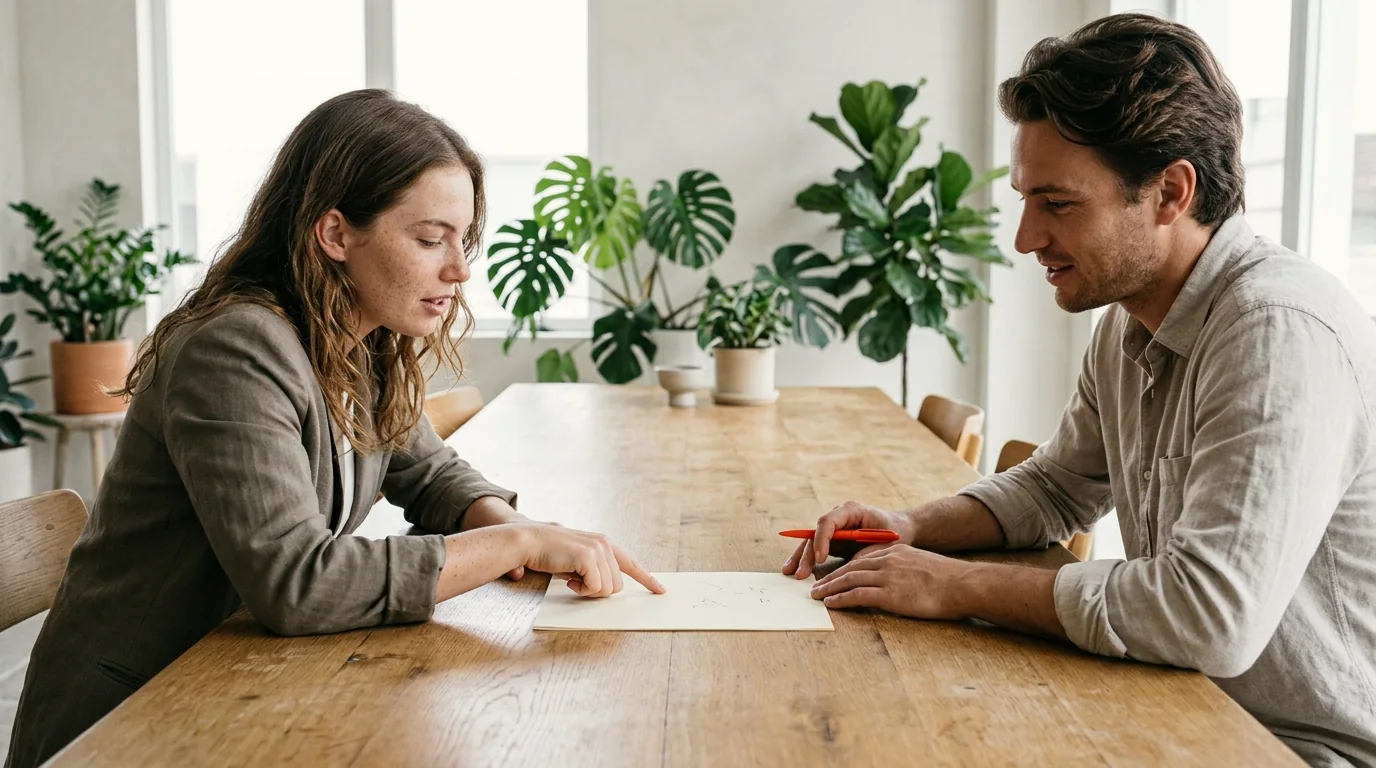 A strategist and a client leaning over a single sheet of paper at a long oak table
