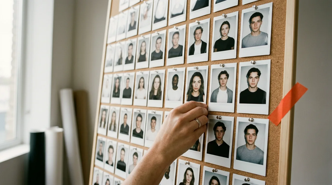 A wall of instant-film casting photos pinned in rows, a hand pinning one more