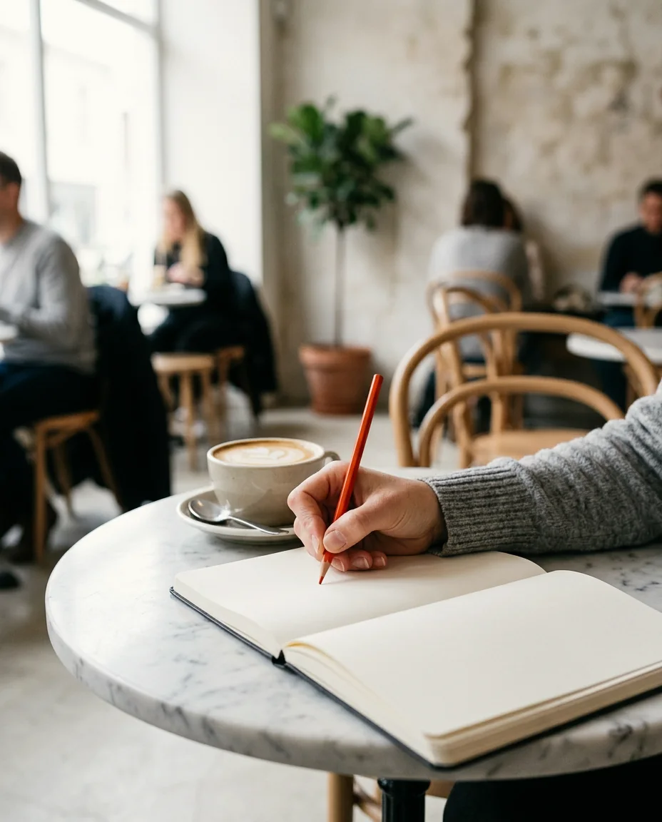 A hand writing in a notebook on a marble cafe table beside a flat white