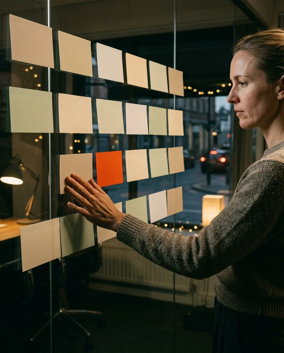 A media planner pressing a card onto a glass wall of coloured index cards at dusk