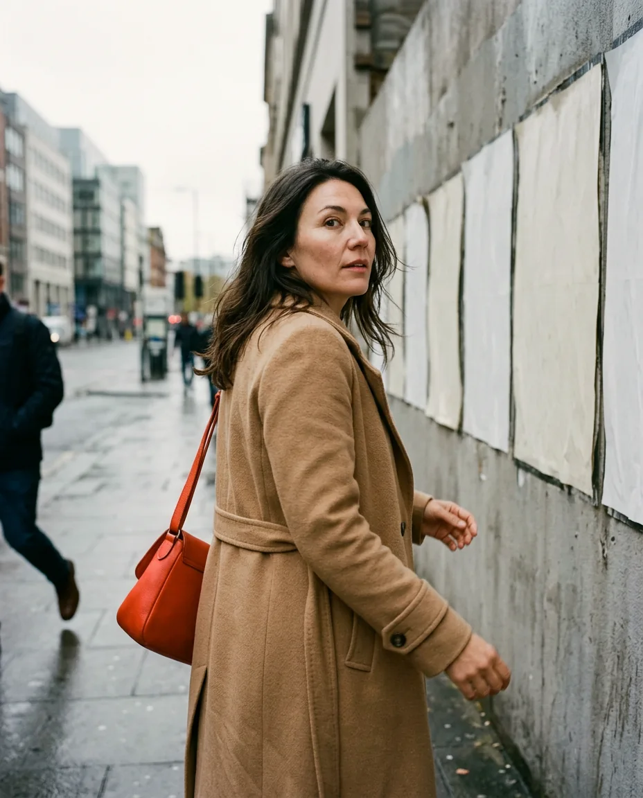 A woman in a camel coat glancing back over her shoulder at a wall of plain posters
