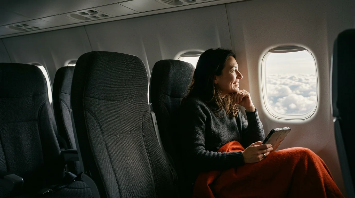 A woman in a window seat leaning to the window to look down at the clouds