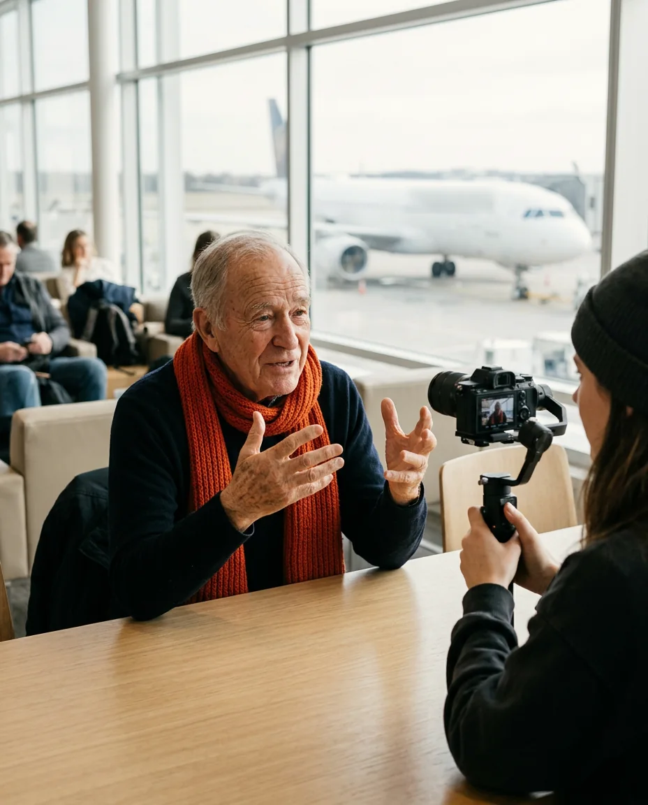 An older man telling a story to a filmmaker in a bright airport lounge
