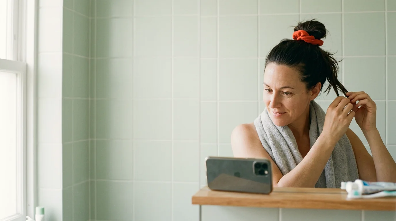 A bare-faced woman filming herself on a phone propped on a bathroom shelf
