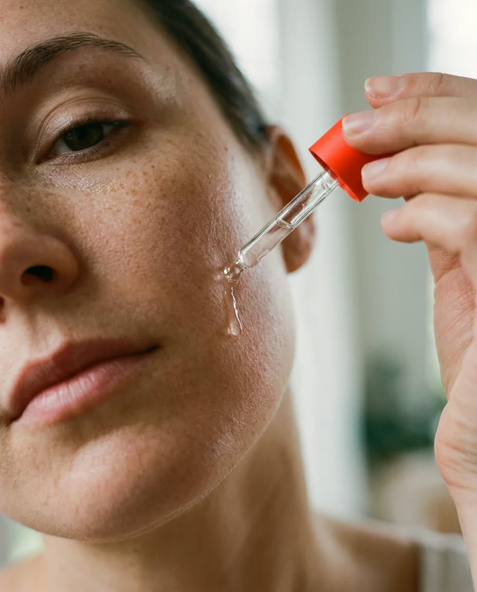 Close-up of freckled skin as a dropper releases one drop of serum