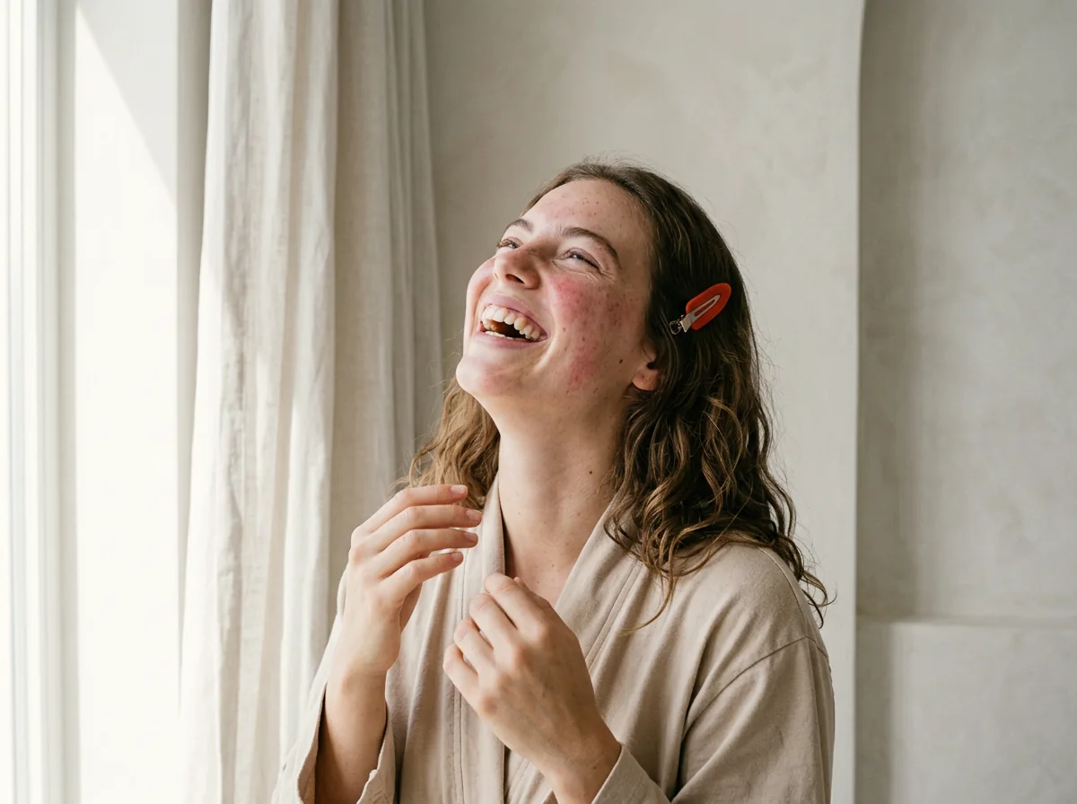 A woman with rosacea and no make-up laughing in soft window light