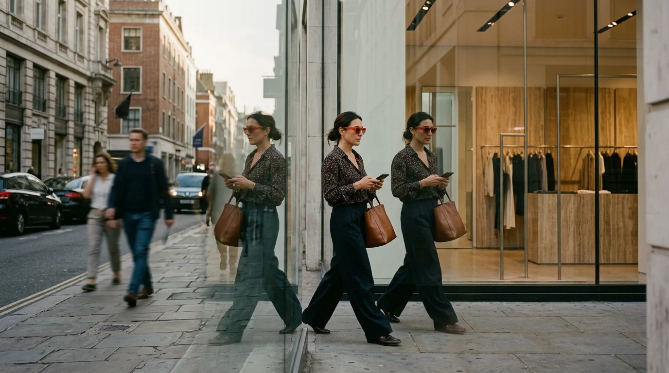 A woman in sunglasses walking past a shop window that reflects her twice
