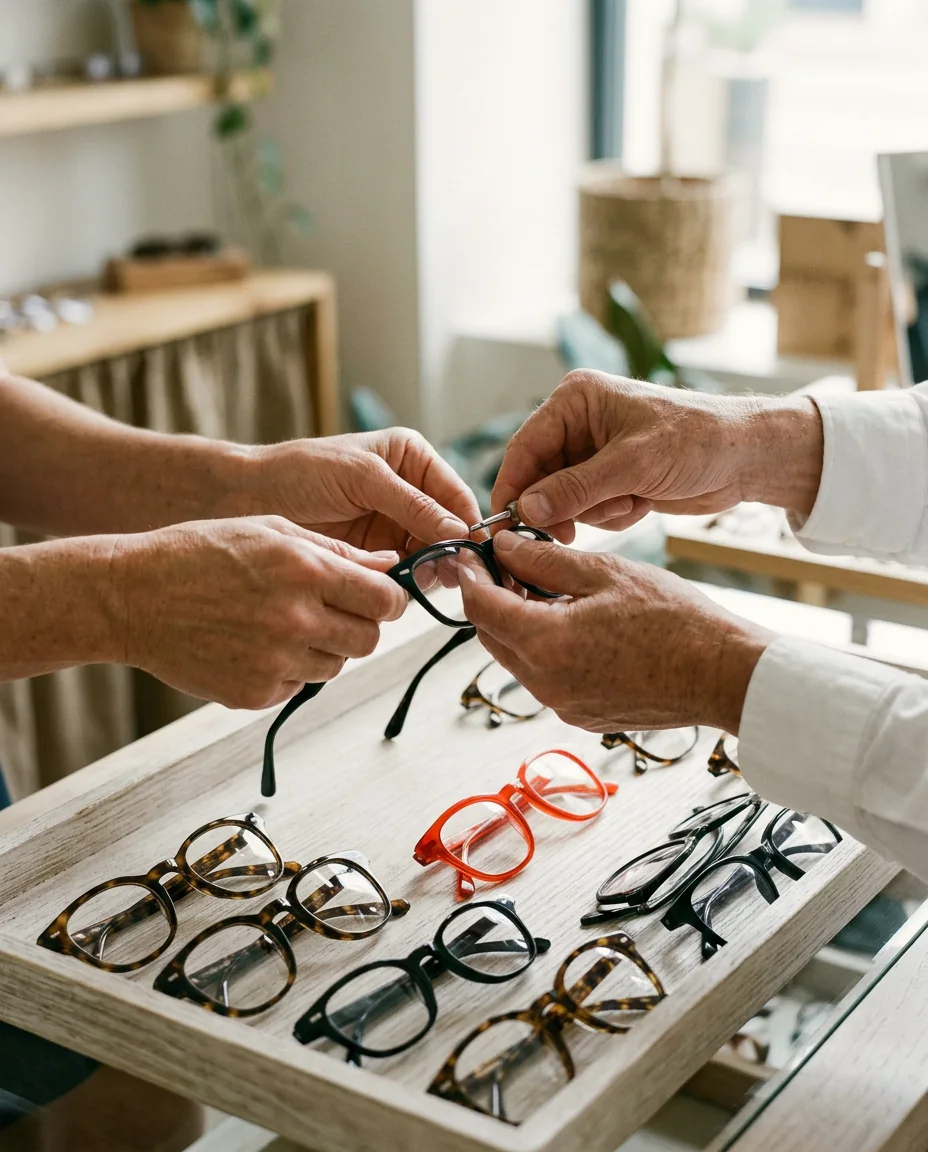 An optician's hands adjusting a pair of glasses over a tray of frames