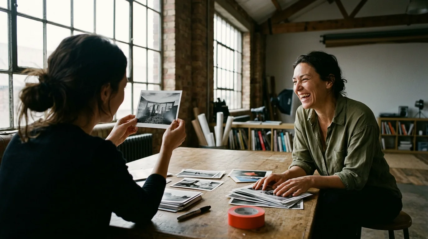 Two creatives sorting printed photographs at a table, one holding a print up to the window light
