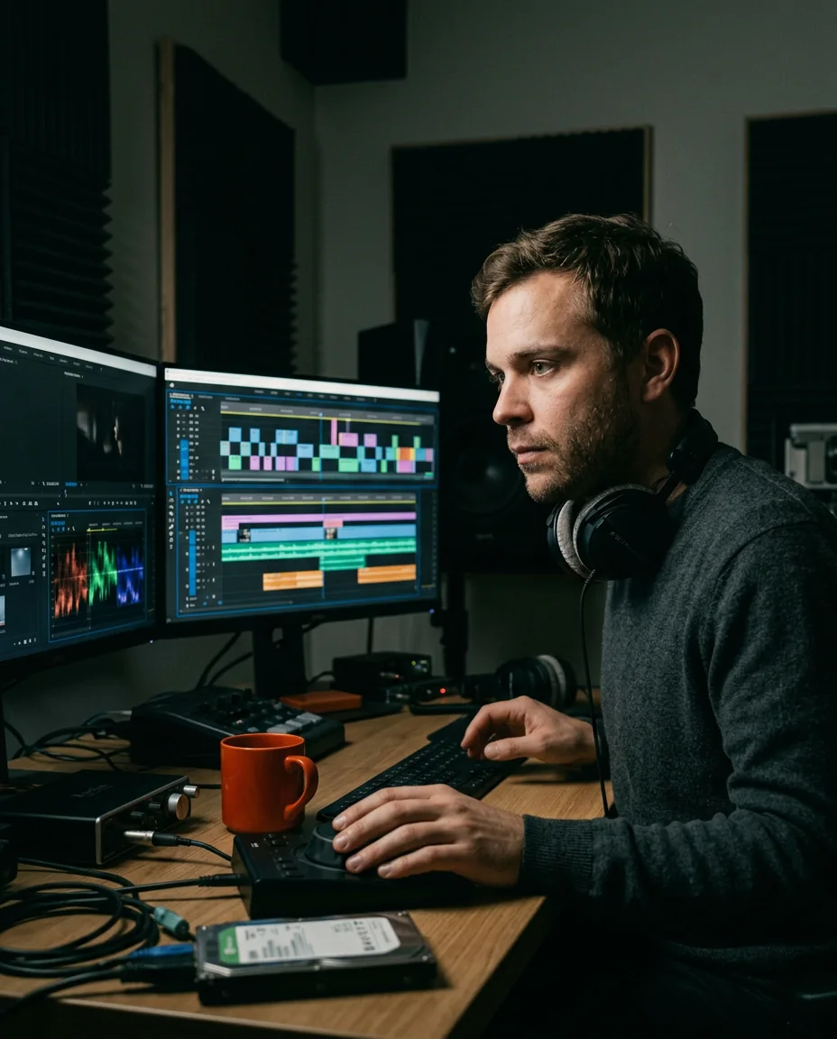 An editor in a dark edit suite lit by two monitors