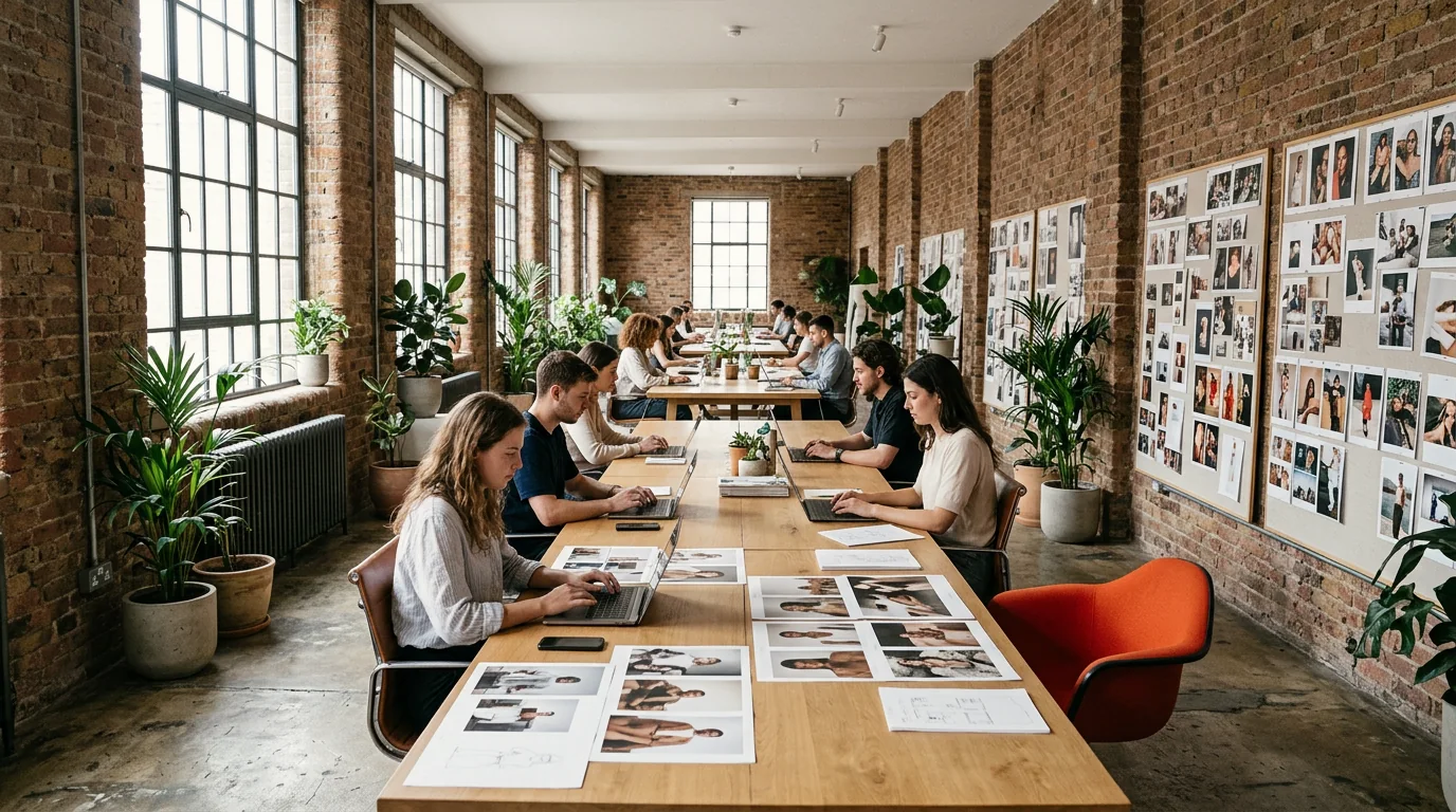 The long studio floor at Coldbath Works, people working along shared tables under tall warehouse windows