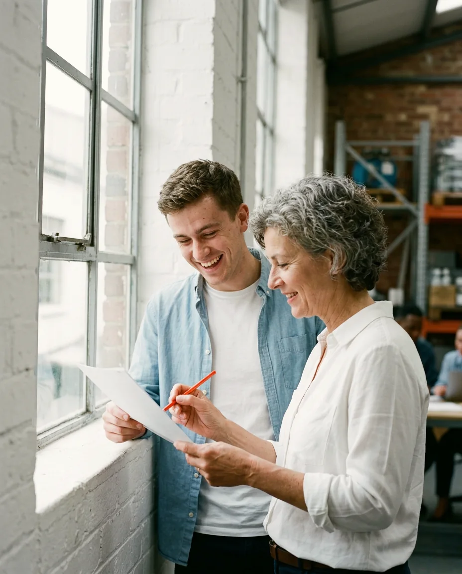 A founder and a young strategist laughing as they mark up a one-page brief at a tall studio window