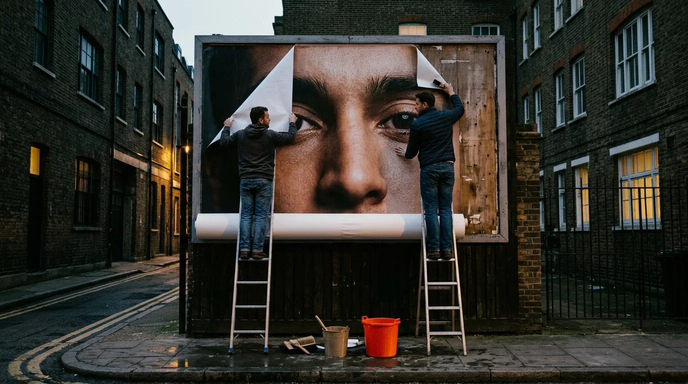 Two fly-posters on ladders pasting a giant sheet onto a billboard at dusk