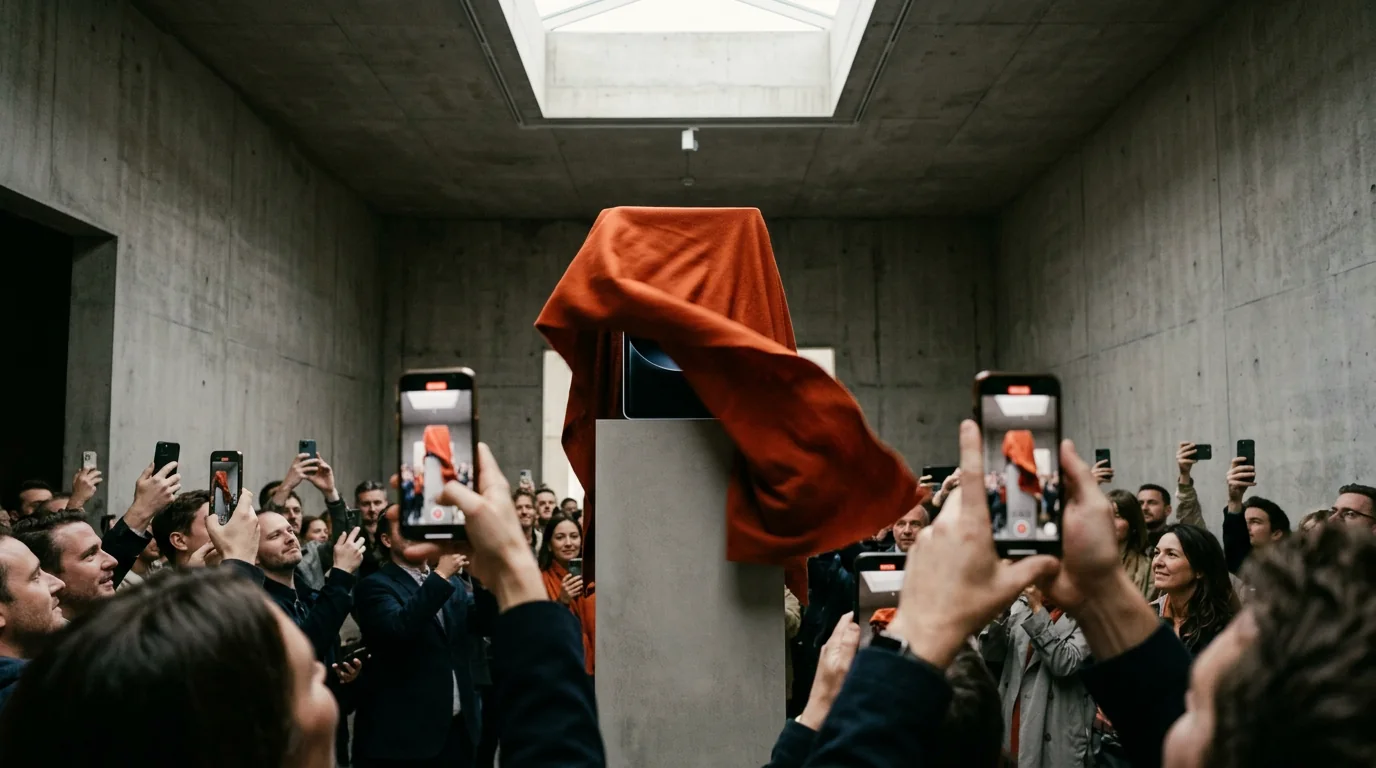 Guests raising their phones as a cloth is pulled off a plinth at a product launch