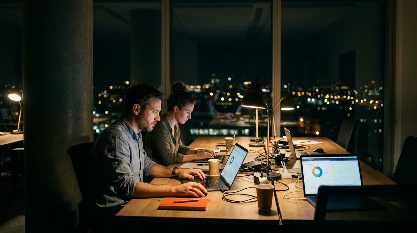 Two media planners working late at a long desk in front of a window of city lights