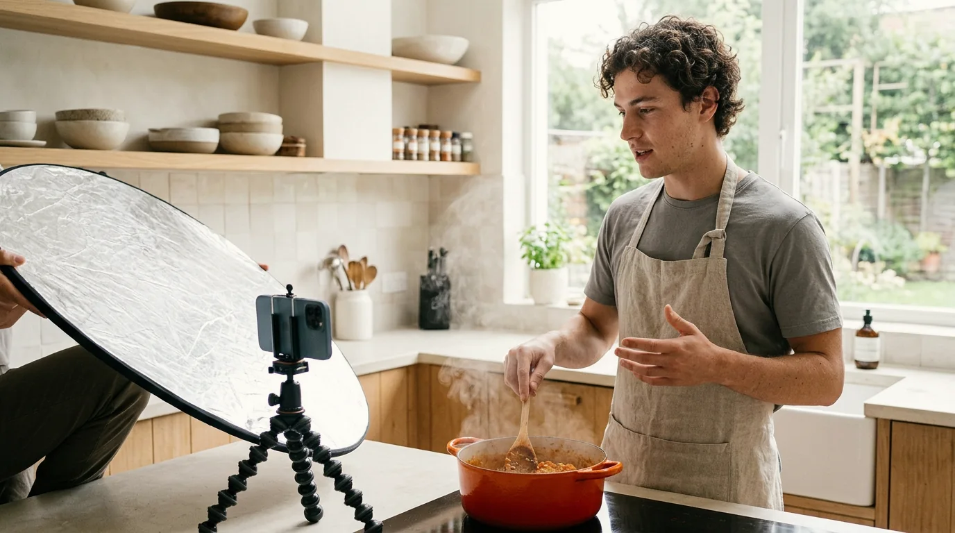 A creator filming a cooking video in a bright kitchen while a producer holds a reflector
