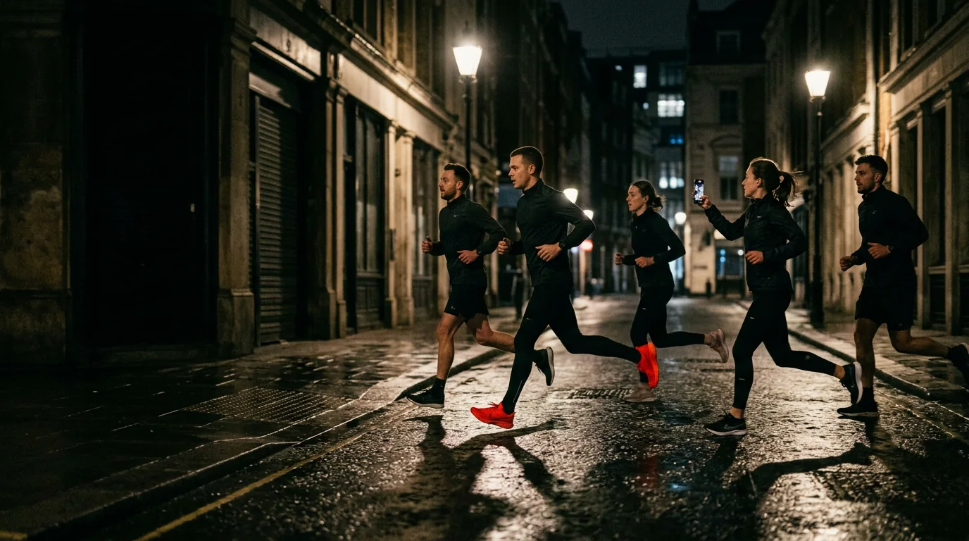 Five runners crossing a wet London street at night, one filming the others on a phone