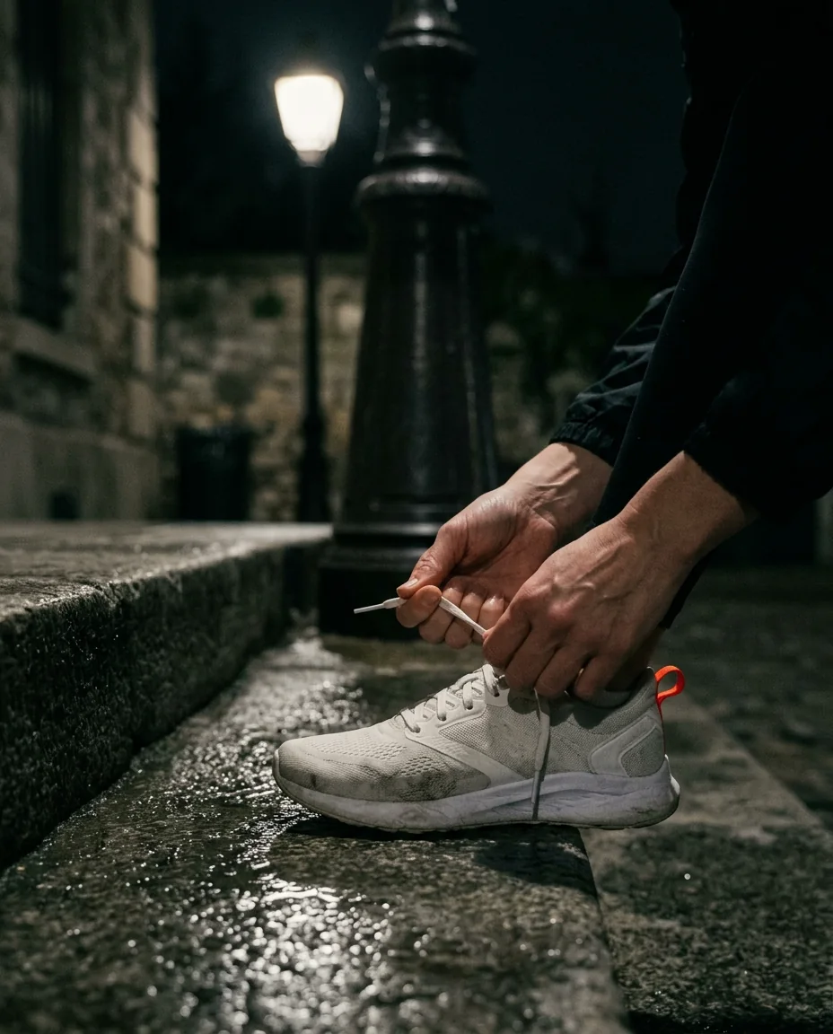 Hands pulling tight the laces of a white running shoe on a wet step at night