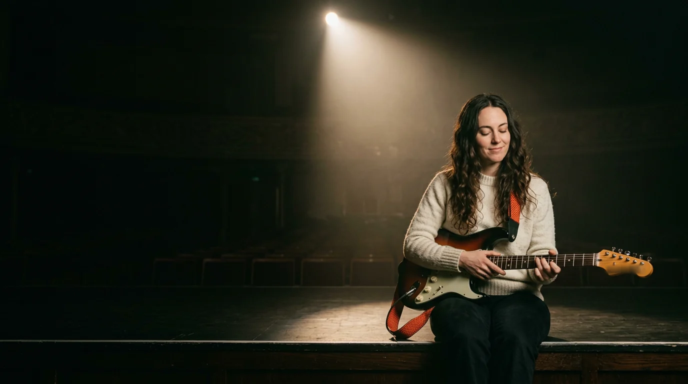 A musician with long dark hair sitting alone on the edge of an empty stage after soundcheck, guitar in her lap, eyes closed under one spotlight